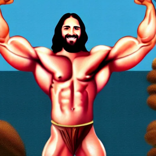 Image similar to jesus with enormous glistening muscles, body builder, smiling, gay