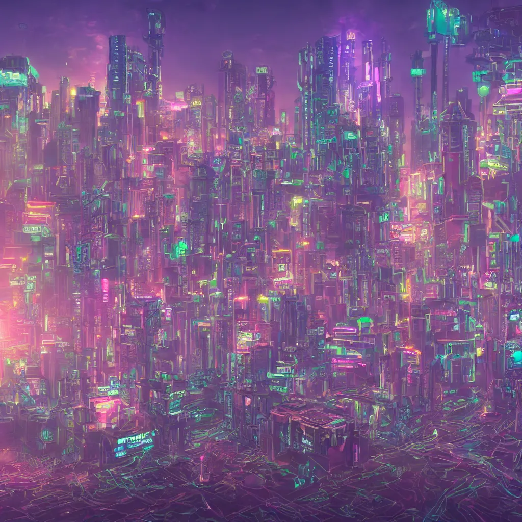 Prompt: cyber steampunk vaporwave city at dawn