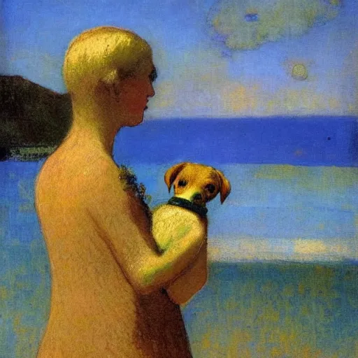 Image similar to a woman and her chiweenie looking out to sea by odilon redon