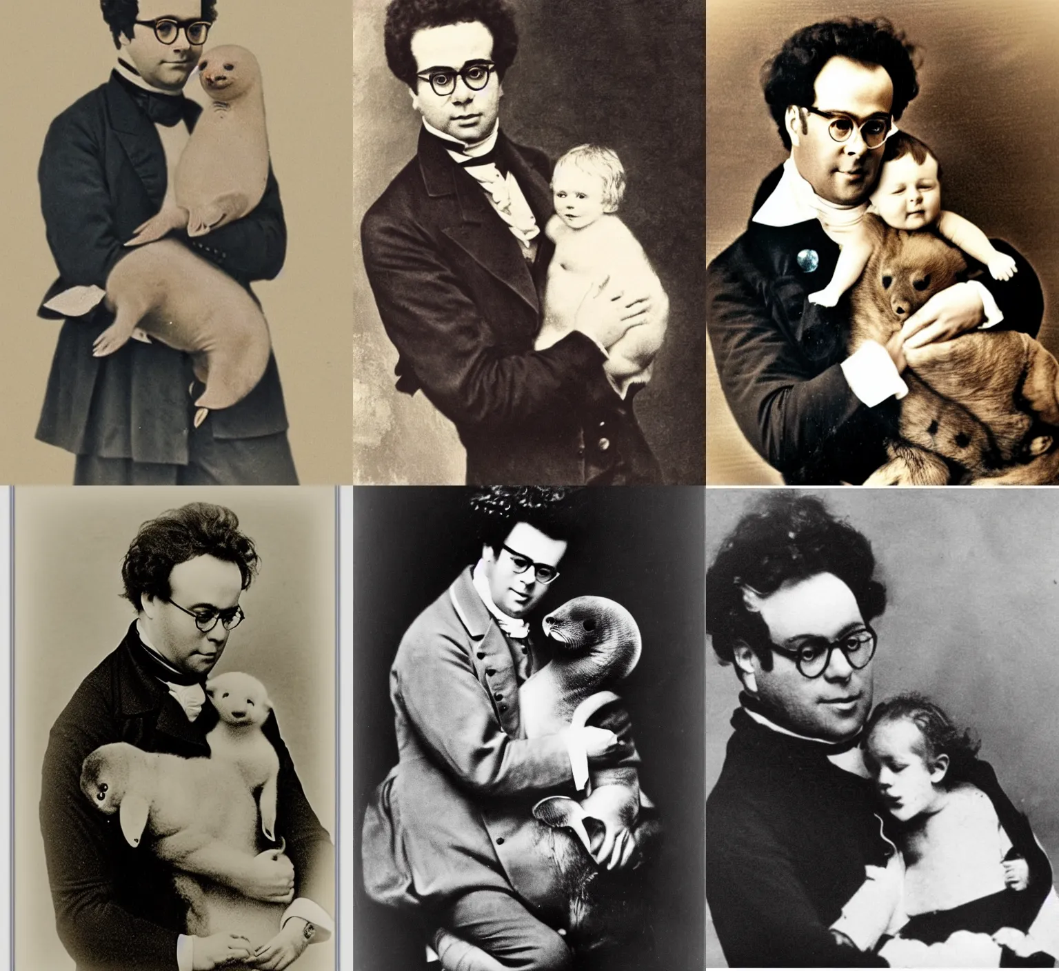 Prompt: a photo of franz schubert hugging a baby seal, real photo, restored photo, colorized