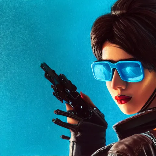 Image similar to closeup painting of a very beautiful young mexican cyberpunk woman with a smirk, wearing light blue shutter shades and a dark brown leather jacket, one side haircut, brown hair, portrait, hyperdetailed, artstation, cgsociety, 8 k, synthwave by tangerine dream