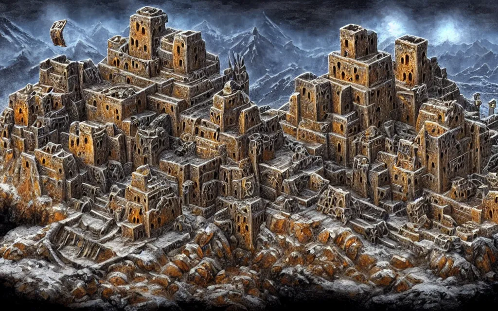 Image similar to a dwarven fortress that was chiseled out of a snowy mountain, matte oil painting, covered in runes, lava rivers, epic, medieval fantasy landscape, deep halls, torches, waterwheels, ornate jewels, trading depots, steel infrastructure, extremely detailed, sharp focus