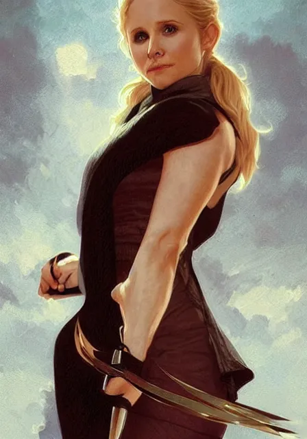 Image similar to kristen bell as buffy the vampire slayer, intricate, elegant, highly detailed, digital painting, artstation, concept art, smooth, sharp focus, illustration, art by artgerm and greg rutkowski and alphonse mucha and william - adolphe bouguereau