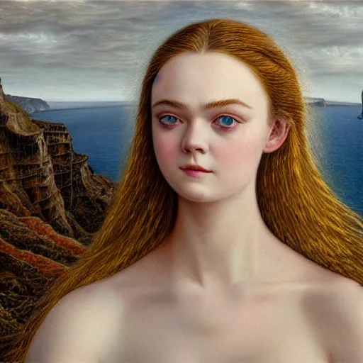 Image similar to professional painting of Elle Fanning in Santorini in the style of Dino Valls, head and shoulders portrait, symmetrical facial features, smooth, sharp focus, illustration, intricate, stormy weather, extremely detailed masterpiece,