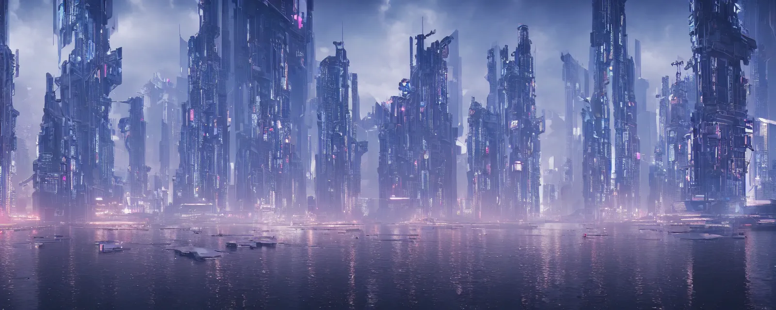 Prompt: futuristic cyberpunk multidimensional city harbour, skyscrapercity, multiple skyscrapers, mist, cranes, flying cars in air, detailed, evening, ultra realistic, canon 3 5 mm landscape photography, lighting by unreal engine, trending on artstation