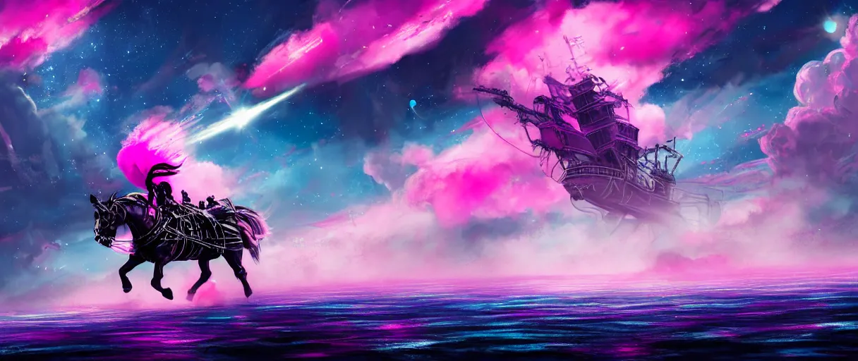 Image similar to space, a horse - drawn, a mechanical horse with a pink mohawk drives a pirate spaceship, punk, hyperdetailed illustration, stars, pink, neon, oil painting, rich deep colors masterpiece, pirate neon ship, ultra detailed, contrast, heaven pink, clouds, volumetric light, atmospheric lighting, dramatic, cinematic, moody, octane render 4 k, 8 k