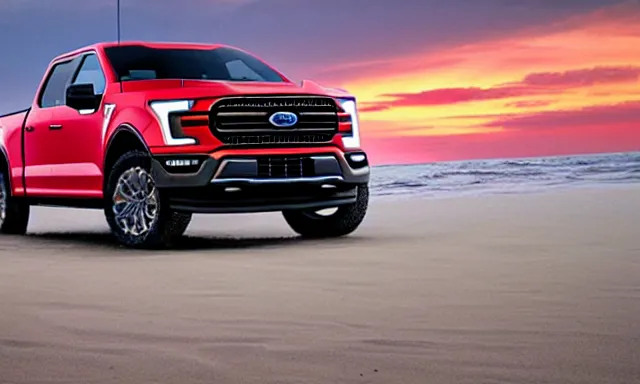 Prompt: Ford F150 Nebula 2022 Truck on a Red Sand Beach, sunset