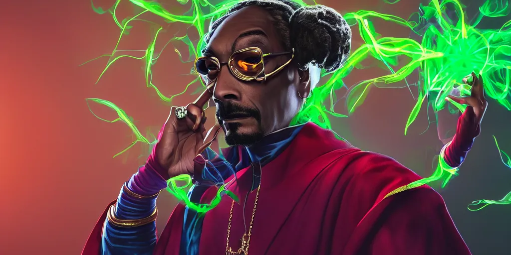 Image similar to snoop dogg as doctor strange, multiple dimensions, green light, marijuana leaves, marijuana, highly detailed, environmental light, cinematic by francis tneh, magic, making a spell, sharp focus, hyperdetailed, artstation, cgsociety, 8 k