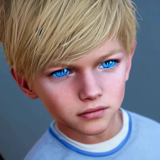 Image similar to a detailed portrait of boy with blonde hair and blue eyes, unreal engine 5 rendered, incredibly highly detailed and realistic, 8 k, sharp focus, studio quality