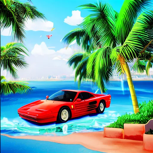 Prompt: digital art profile picture of a duck driving a ferrari testarossa under palm trees, vaporwave, trending on artstation, 4 k, highly detailed, simply great