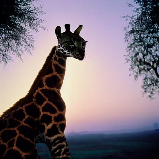 Prompt: a low angle photo of a cat giraffe hybrid, at the golden hour, sunset, sunrise, warm lighting, strongshadows, photo by slim aarons, award winning