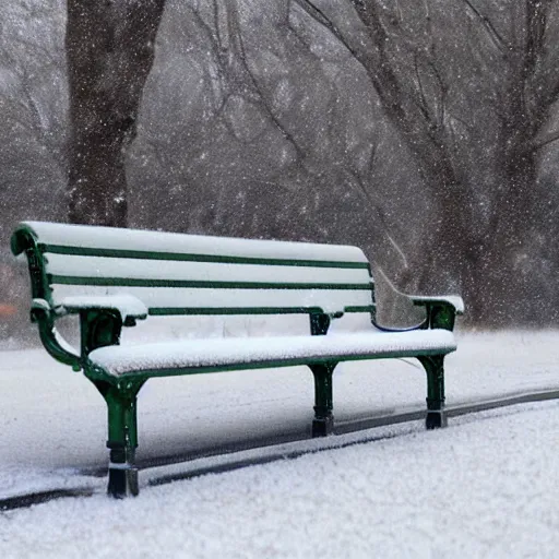 Image similar to a park bench under falling snowflakes, trending on artstation