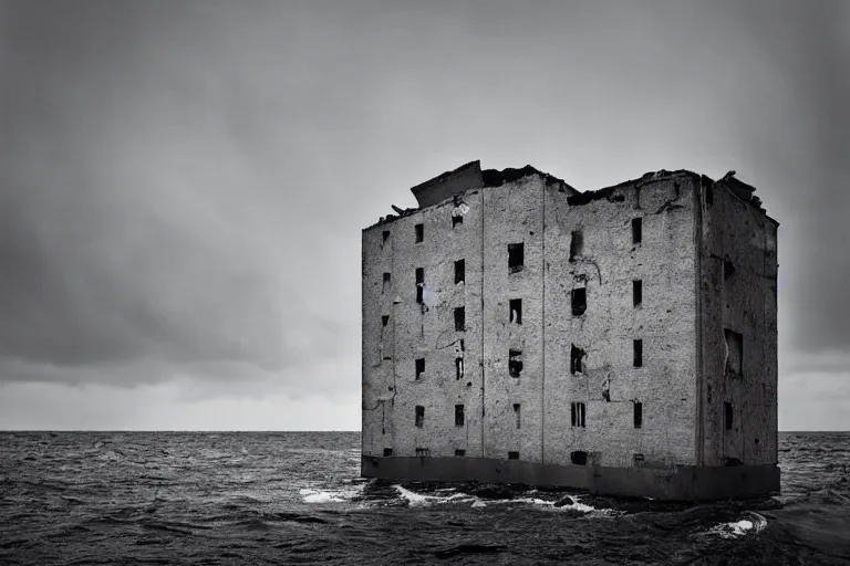 Prompt: high key lighting, danila tkachenko, photograph of an abandonet soviet building bloc in the middle of the ocean, lighting storm,