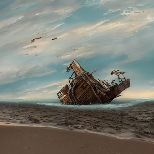 Prompt: shipwreck on a sandy beach on a sunny day? highly detailed, trending on artstation, award winning