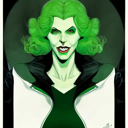 Prompt: Wicked witch of the west, style of Joshua Middleton comic book art Nick Dragotta comic art, black and green eyes, symmetrical face, symmetrical eyes, scary smile, full body, dark green dress