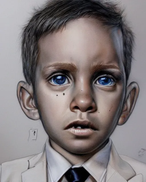 Image similar to portrait of a 7 year old child, gritty, serious, wearing a suit, very detailed eyes, hyperrealistic, beautiful, very detailed painting by Glenn Fabry, by Joao Ruas, by Artgerm