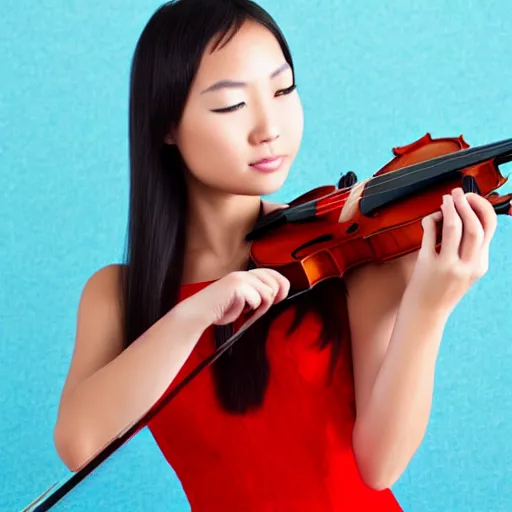 Image similar to cute asian girl playing the violin, focused, highly detailed, red dress