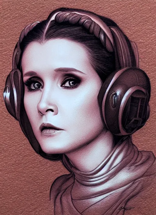 Image similar to Princess Leia, by artgerm, beautiful, mixed media on toned paper, 2021, very detailed, coffee art