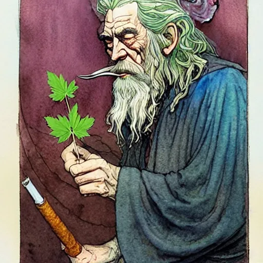 Prompt: a realistic and atmospheric watercolour fantasy character concept art portrait of gandalf with bloodshot eyes smoking a pipe looking at the camera with a pot leaf nearby by rebecca guay, michael kaluta, charles vess and jean moebius giraud