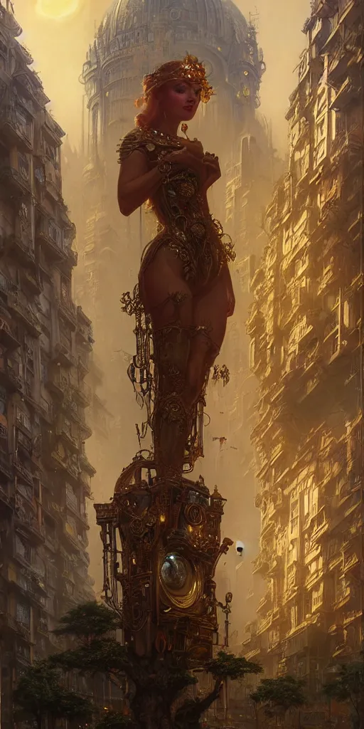 Prompt: golden ornate goddess looking at a hyper realistic cyberpunk city, busy crowded market street overtaken by lush plants, full moon, light rays, gnarly trees by tom bagshaw, mucha, gaston bussiere, craig mullins, j. c. leyendecker 8 k