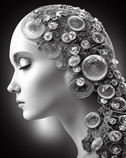 Image similar to mythical dreamy black and white organic bio-mechanical spinal ribbed profile face portrait detail of translucent steampunk beautiful female angelic-human-queen-vegetal-cyborg, highly detailed, intricate crystal ivy jelly ornate, poetic, translucent roses ornate, 3D render, digital art, octane render, 8K artistic photography, photo-realistic, by Dora Maar