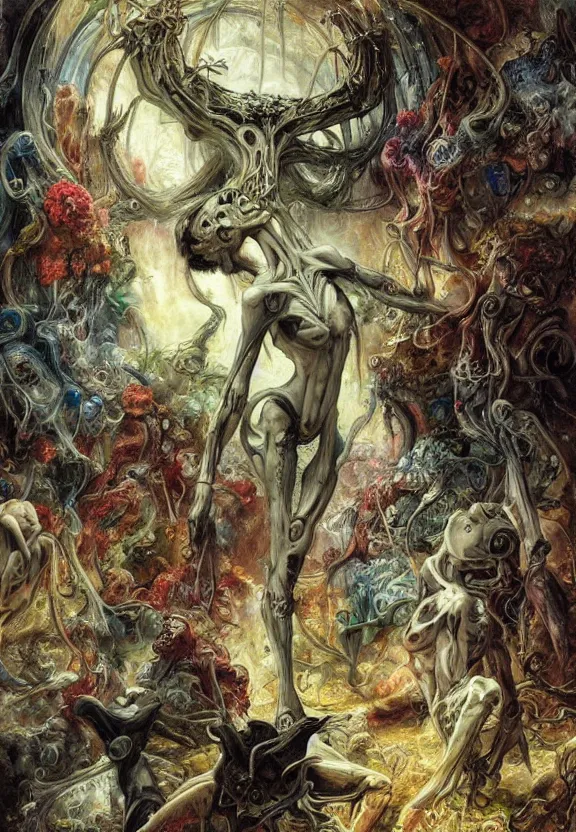 Image similar to colorful muscular eldritch bodies radiating town fractal, white bones, white skeletons, by h. r. giger and esao andrews and maria sibylla merian eugene delacroix, gustave dore, thomas moran, pop art, chiaroscuro, biopunk, art nouveau