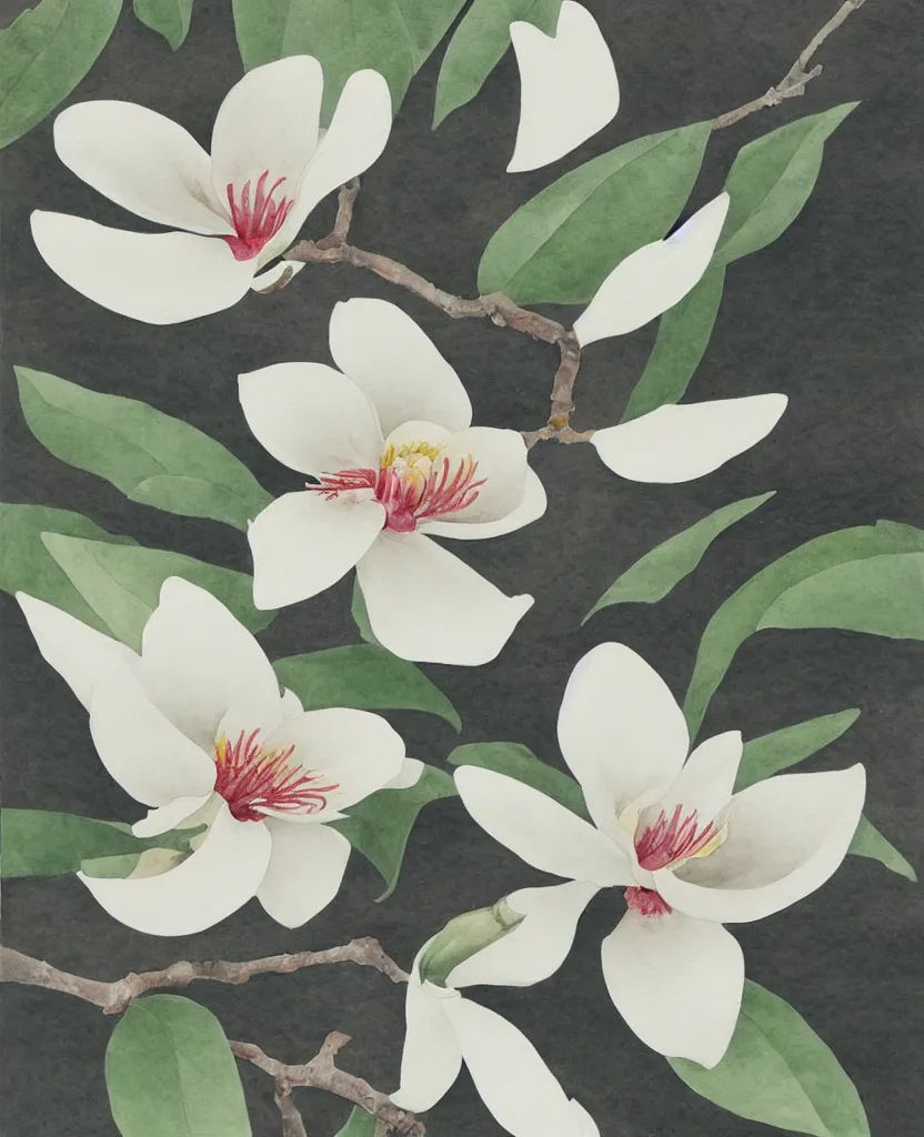 Image similar to japanese naturalist watercolor of magnolia sprig on white background. textbook.