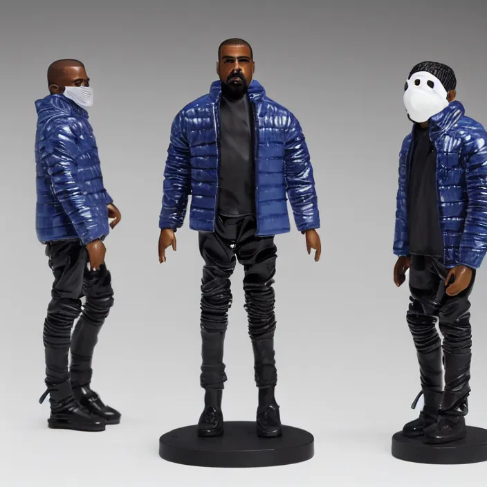 Prompt: a action figure of kanye west using full face - covering mask with small holes. a small, tight, undersized reflective bright blue round puffer jacket made of nylon. a shirt underneath. black jeans pants made of nylon. a pair of big rubber boots, figurine, detailed product photo, 4 k, realistic, acton figure, studio lighting, professional photo