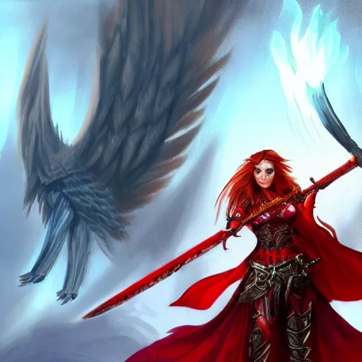 Image similar to fantasy concept art, ( ( winged ) ) ( red hair woman ) ( flaming sword ) ( ( ( plate armor ) ) ) ( ( ( ( devilish smile ) ) ) ), 4 k, painting