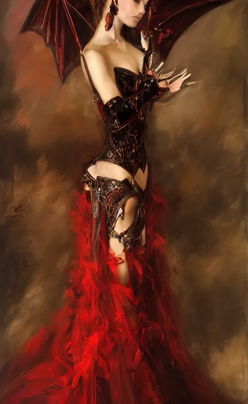 Prompt: Gothic princess in dark and red dragon armor. By Konstantin Razumov, Fractal flame, chiaroscuro, highly detailded