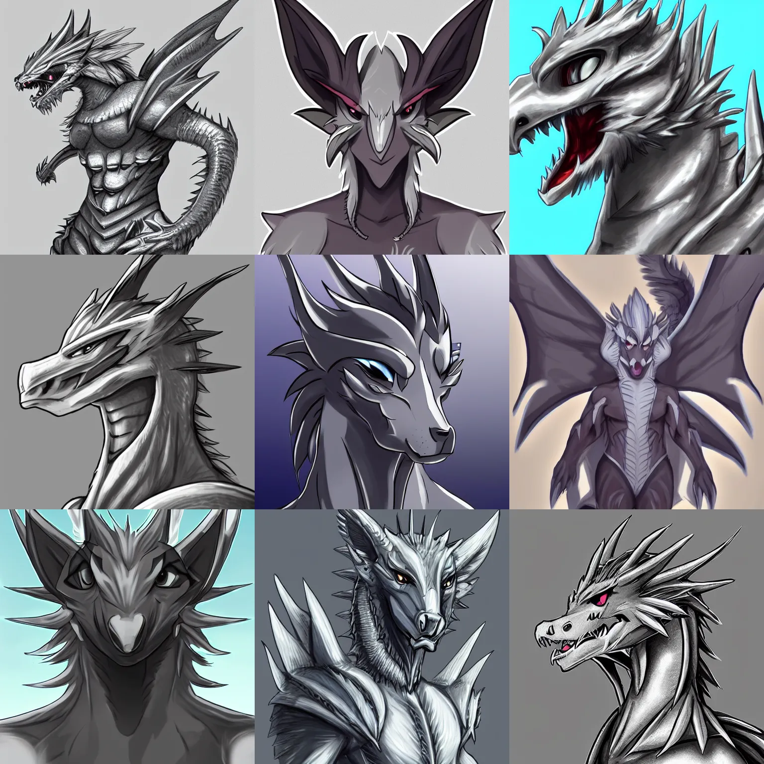 Prompt: a cute anthro!!! silver dragon with silver-colored skin, male, noble, headshot commission on furaffinity