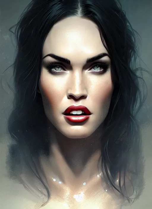 Prompt: portrait of megan fox as a vampire showing his teeth, intricate, elegant, glowing lights, highly detailed, digital painting, artstation, concept art, smooth, sharp focus, illustration, art by wlop, mars ravelo and greg rutkowski