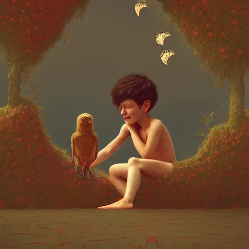 Image similar to lullaby of hope happiness of a young boy, moody : : wes anderson, roger dean, sophie anderson, esao andrews : : ornate, dynamic, particulate, intricate, elegant, highly detailed, centered, artstation, smooth, sharp focus, octane render, 3 d