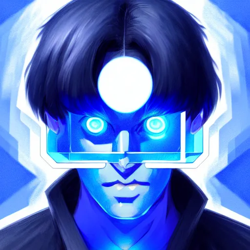 Image similar to a highly detailed portrait of a man with navy blue hair and blue glowing eyes, summoning blue transparent cubes, high detail clothing, concept art, anime, artstation, professional drawing