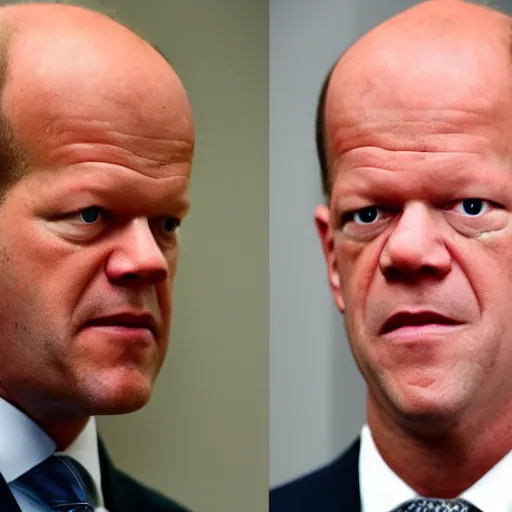 Prompt: olaf scholz has a big red head with thick veins showing from exhaustion