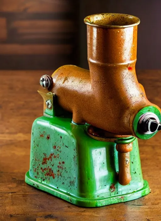 Prompt: a rusty vintage meat grinder full of mustard and ketchup on a green marble table