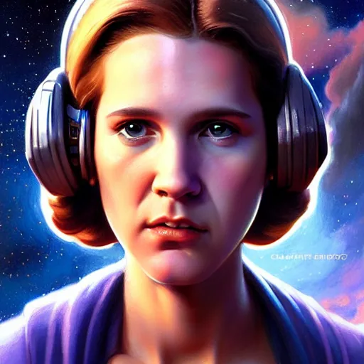 Prompt: epic portrait of young carrie fischer, detailed, nebula skies, digital painting, artstation, concept art, donato giancola, joseph christian leyendecker, wlop, boris vallejo, breathtaking, high details, extremely detailed, sincere face, establishing shot, artistic, hyper realistic, beautiful face, octane render