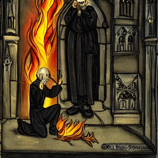 Image similar to priest on knees in front of burning church, gothic art, color, emotional, sad, dramatic, detailed