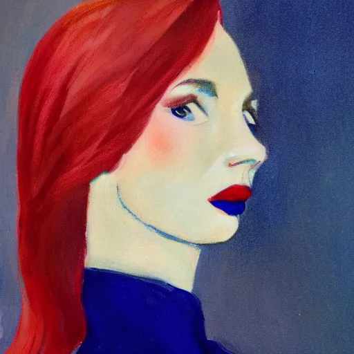 Prompt: Female model, red hair, coral lips, blue shadow, Edward Hopper style