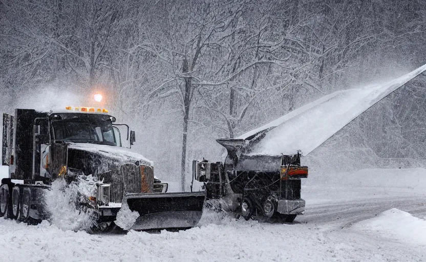 Image similar to A Snowplow with headlines on driving through a snowy landscape with thick snow, blizzard!!, heavy snow falling, digital artwork, high resolution, high detail