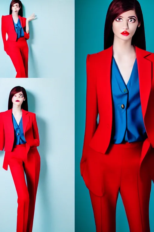 Image similar to realistic photoshooting for trouser suit, bright colors, vhs colour photography, fashion photography, vogue, smooth skin, perfect face, 8 0 mm lens, 1. 2 aperture, cinematic light, agency model img models