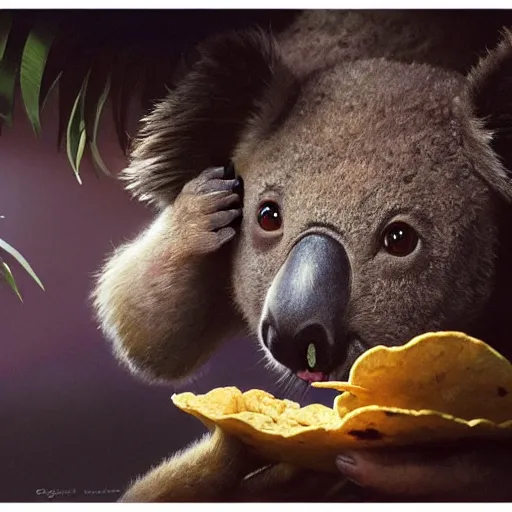 Image similar to Highly detailed portrait of Koala eating a taco, Stephen Bliss, unreal engine, fantasy art by Greg Rutkowski, Loish, Rhads, ferdinand knab, Makoto Shinkai and Lois van baarle, ilya kuvshinov, rossdraws, Tom Bagshaw, alphonse mucha, global illumination, radiant light, detailed and intricate environment