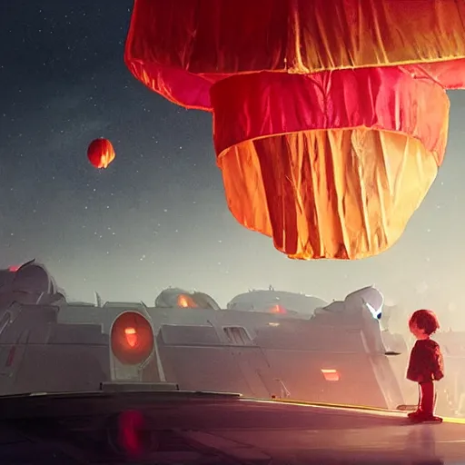 Prompt: a little girl watching hundreds of chinese sky lanterns in the night sky over a sci-fi space base, by Greg Rutkowski