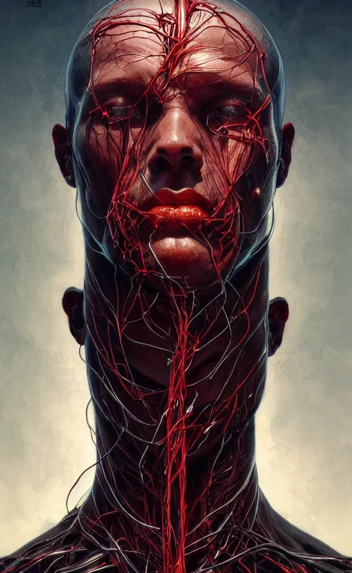 Image similar to portrait of a dark god, bloody wires, visible veins and nerves and muscles and bones and arteries, intricate, headshot, highly detailed, digital painting, artstation, concept art, sharp focus, cinematic lighting, illustration, art by artgerm and greg rutkowski, alphonse mucha, cgsociety