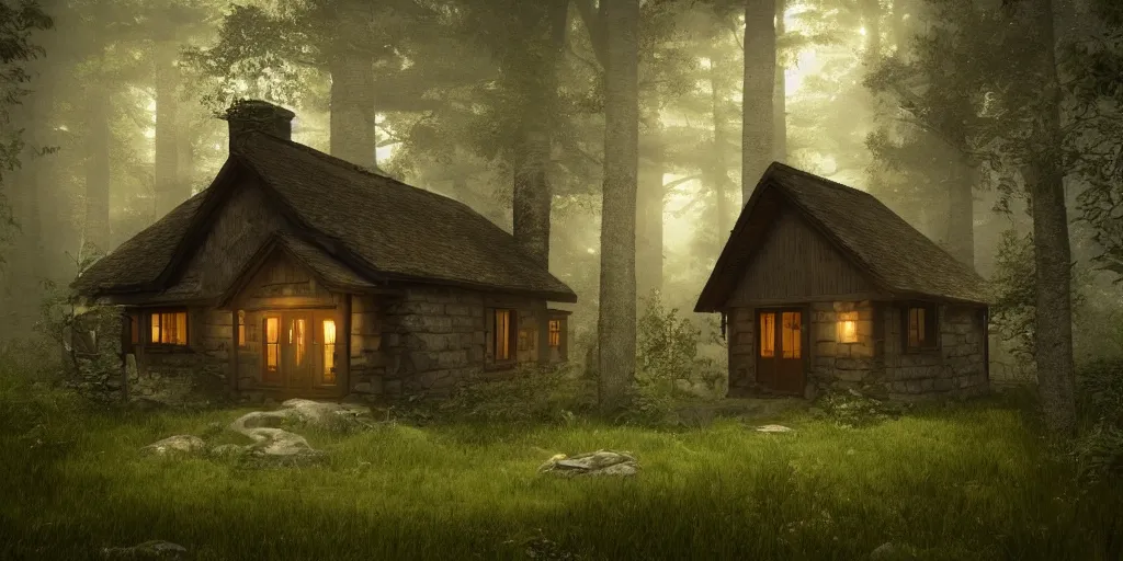 Prompt: a single cottage with a thached roof in the woods and empty woods, 8k, fantasy, realistic, dramatic lighting, cinematic