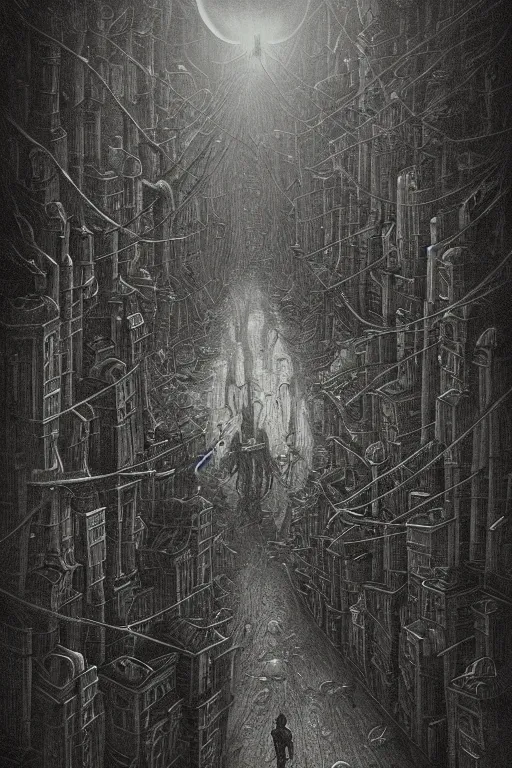 Prompt: a cosmic horror through a creepy city, by anton semenov and john kenn mortensen, digital art, very detailed, horror, dark, trending on artstation