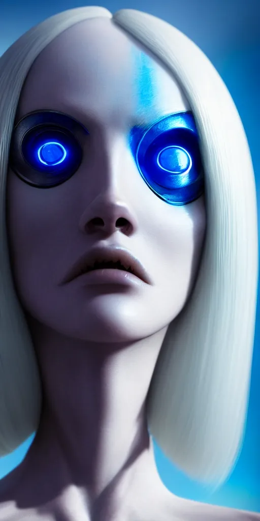 Image similar to hyperrealistic close-up of art deco cyborg woman with white hair and pearlescent blue skin wayne barlowe machiej kuciara very dramatic lighting on one side wide angle 35mm shallow depth of field 8k