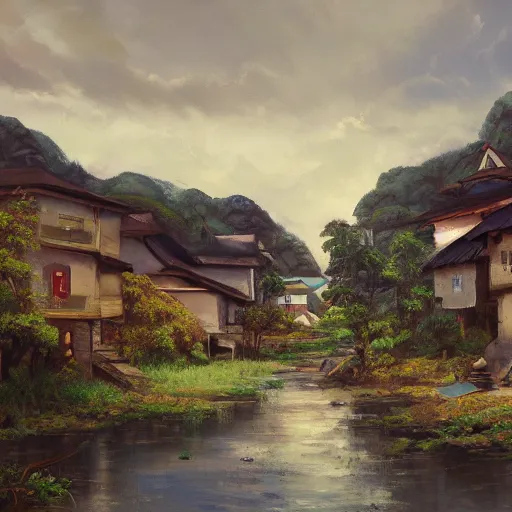 Image similar to the village of omobe, oil painting, pale colors, high detail, 8 k, wide angle, trending on artstation,