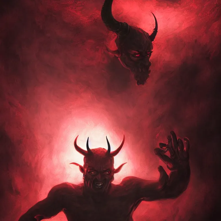 Prompt: the devil crouching on the bed room ceiling with all black skin shiny black eyes pointed ears horns coming from his head with a grotesque smile and crooked spine. red lighting, masterpiece 4 k digital illustration, highly detailed, trending on artstation, award winning