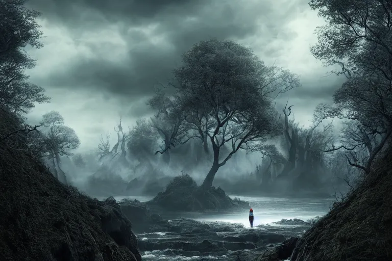 Image similar to an ultra realistic, cinematic headshot portrait, of an evil wizard, background of a vast serene landscape, with trees and rivers, detailed, deep focus, movie still, dramatic lighting, ray tracing, by michal karcz and yoshitaka amano